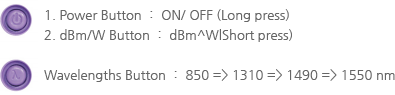 1. Power Button ： ON/ OFF (Long press) 2. dBm/W Button ： dBm^WlShort press), Wavelengths Button ： 850 => 1310 => 1490 => 1550 nm